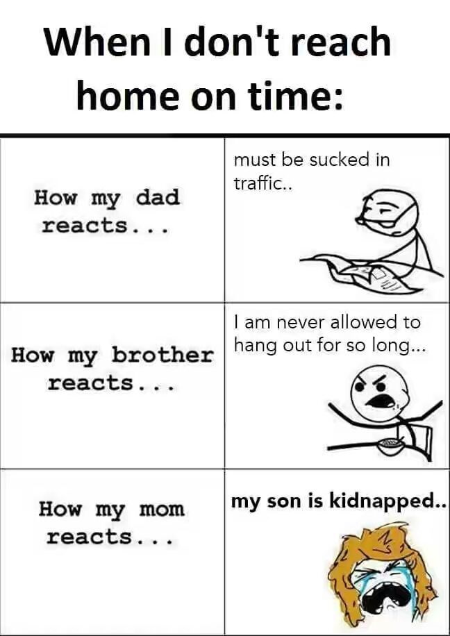 When I don't reach home on time: How my dad reacts... must be sucked in traffic.. I am never allowed to How my brother hang out for so long... reacts... How my mom reacts... my son is kidnapped..