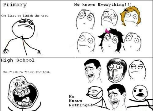 Primary the first to finish the test He knows Everything!!! High School the first to finish the test He Knows Nothing!!