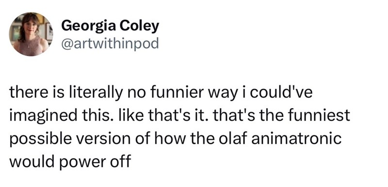 Georgia Coley @artwithinpod there is literally no funnier way i could've imagined this. like that's it. that's the funniest possible version of how the olaf animatronic would power off