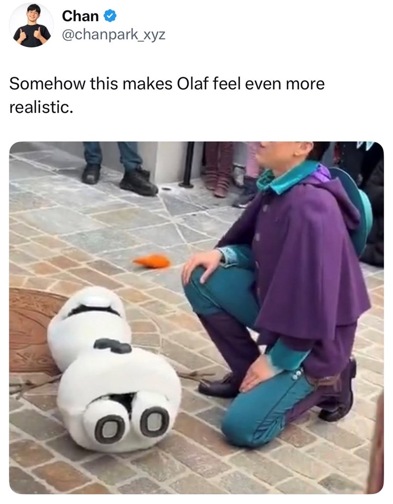 Chan @chanpark xyz Somehow this makes Olaf feel even more realistic.