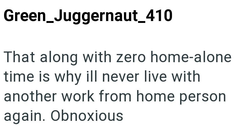 Green_Juggernaut_410 That along with zero home-alone time is why ill never live with another work from home person again. Obnoxious
