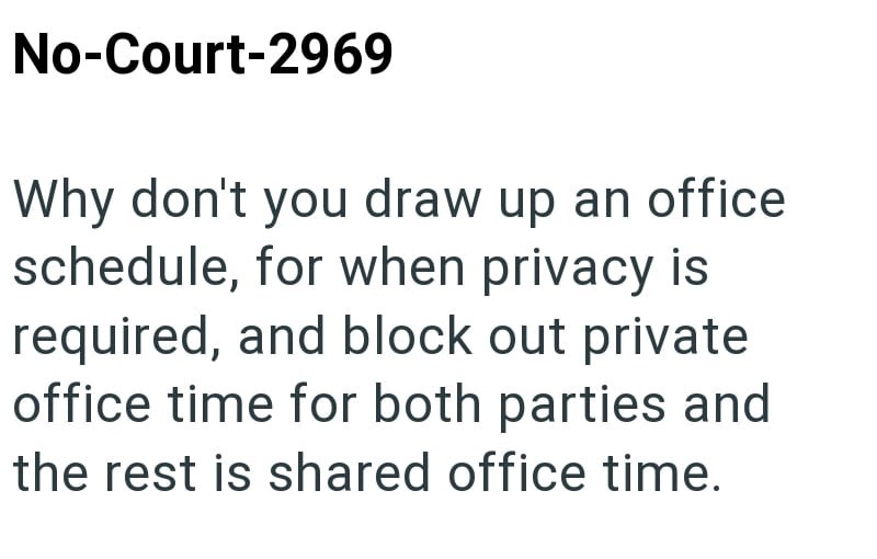No-Court-2969 Why don't you draw up an office schedule, for when privacy is required, and block out private office time for both parties and the rest is shared office time.