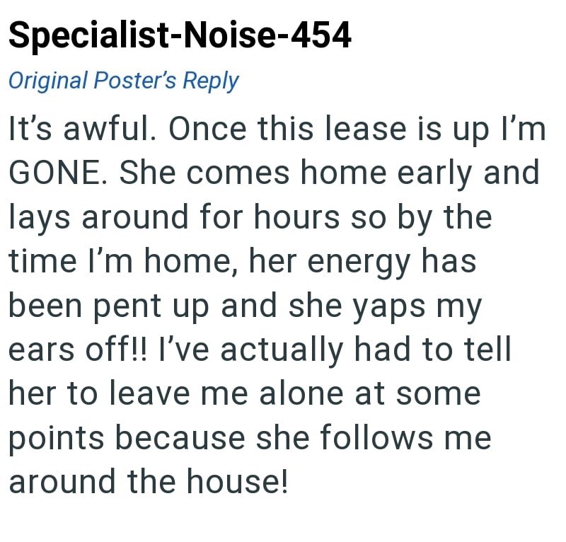 Specialist-Noise-454 Original Poster's Reply It's awful. Once this lease is up I'm GONE. She comes home early and lays around for hours so by the time I'm home, her energy has been pent up and she yaps my ears off!! I've actually had to tell her to leave me alone at some points because she follows me around the house!