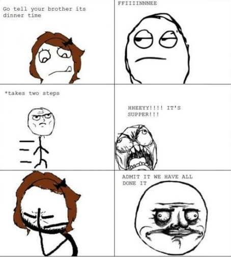 FFIIIINNNEE Go tell your brother its dinner time *takes two steps HHEEYY!!!! IT'S SUPPER!!! ADMIT IT WE HAVE ALL DONE IT