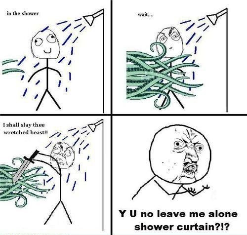 in the shower I shall slay thee wretched beast!! wait.... Y U no leave me alone shower curtain?!?