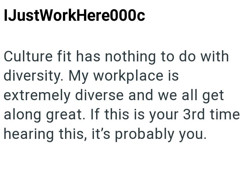 IJustWorkHere000c Culture fit has nothing to do with diversity. My workplace is extremely diverse and we all get along great. If this is your 3rd time. hearing this, it's probably you.