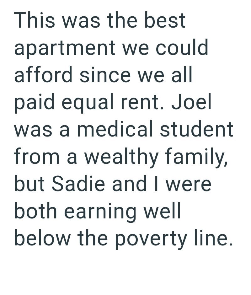 This was the best apartment we could afford since we all paid equal rent. Joel was a medical student from a wealthy family, but Sadie and I were both earning well below the poverty line.