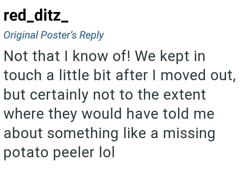 red_ditz_ Original Poster's Reply Not that I know of! We kept in touch a little bit after I moved out, but certainly not to the extent where they would have told me about something like a missing potato peeler lol