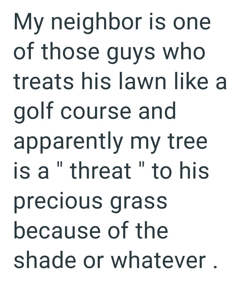 My neighbor is one of those guys who treats his lawn like a golf course and apparently my tree is a "threat" to his precious grass because of the shade or whatever.
