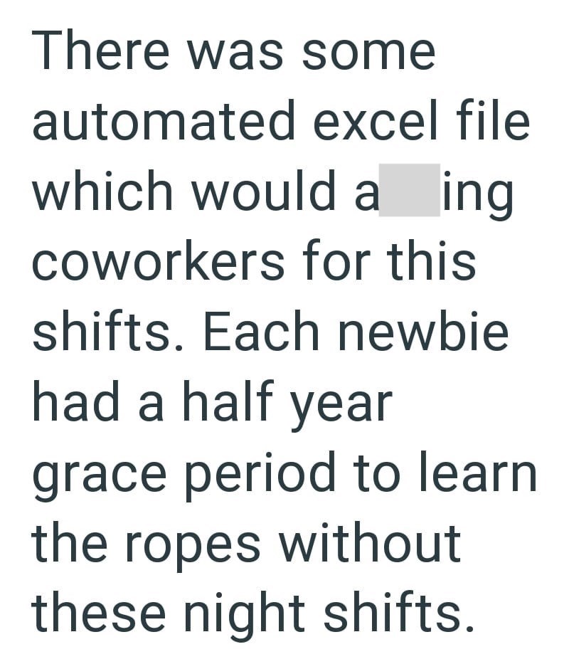There was some automated excel file which would a ing coworkers for this shifts. Each newbie had a half year grace period to learn the ropes without these night shifts.