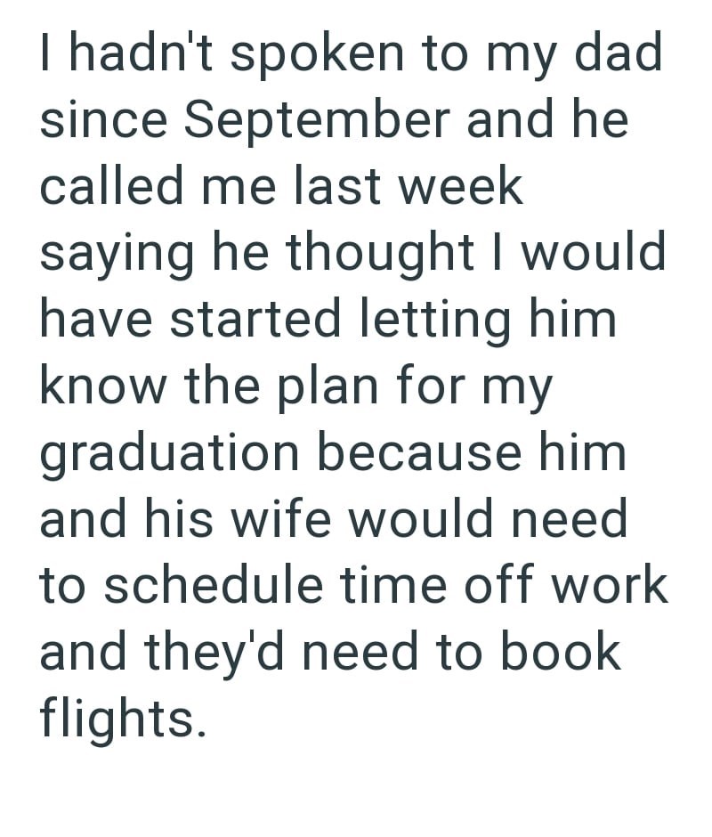 I hadn't spoken to my dad since September and he called me last week saying he thought I would have started letting him know the plan for my graduation because him and his wife would need to schedule time off work and they'd need to book flights.