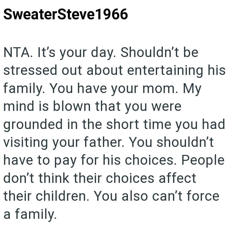 SweaterSteve1966 NTA. It's your day. Shouldn't be stressed out about entertaining his family. You have your mom. My mind is blown that you were grounded in the short time you had visiting your father. You shouldn't have to pay for his choices. People don't think their choices affect their children. You also can't force a family.