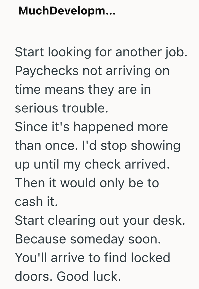 MuchDevelopm... Start looking for another job. Paychecks not arriving on time means they are in serious trouble. Since it's happened more than once. I'd stop showing up until my check arrived. Then it would only be to cash it. Start clearing out your desk. Because someday soon. You'll arrive to find locked doors. Good luck.