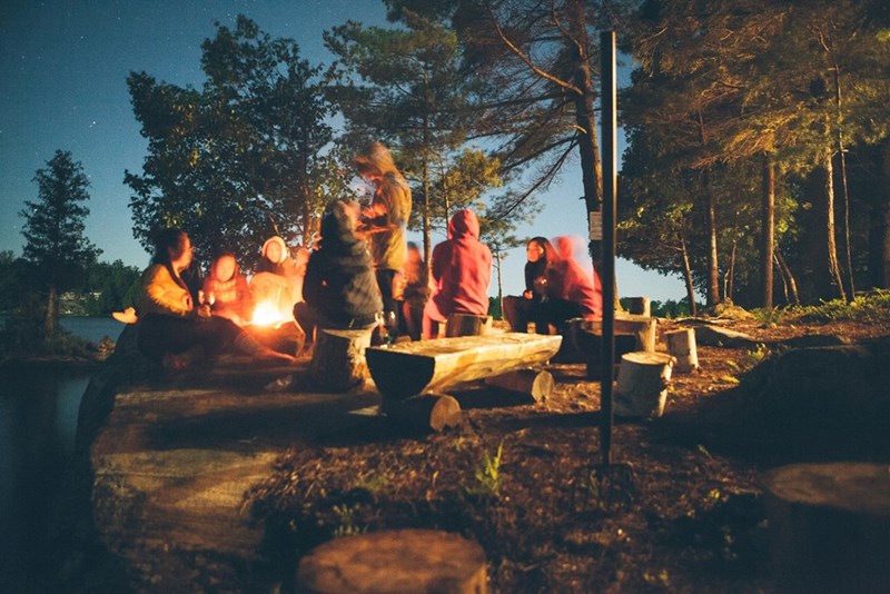 Group of people near bonfire near trees during nighttime
