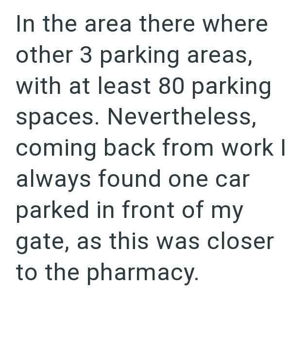In the area there where other 3 parking areas, with at least 80 parking spaces. Nevertheless, coming back from work I always found one car parked in front of my gate, as this was closer to the pharmacy.