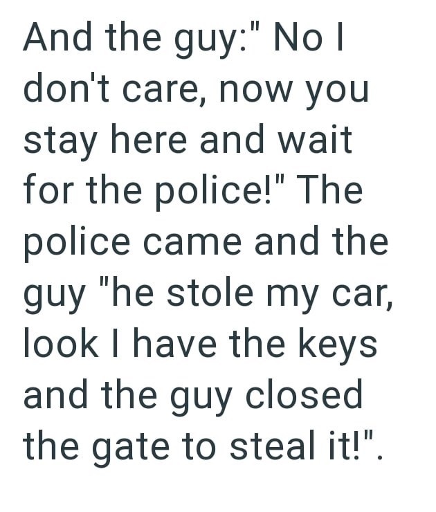 And the guy:" No I don't care, now you stay here and wait for the police!" The police came and the guy "he stole my car, look I have the keys and the guy closed the gate to steal it!".