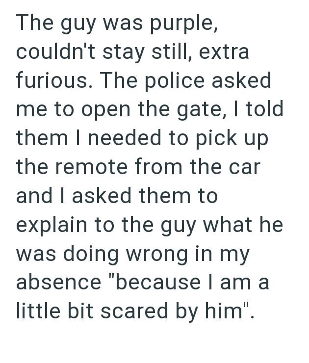The guy was purple, couldn't stay still, extra furious. The police asked me to open the gate, I told them I needed to pick up the remote from the car and I asked them to explain to the guy what he was doing wrong in my absence "because I am a little bit scared by him".