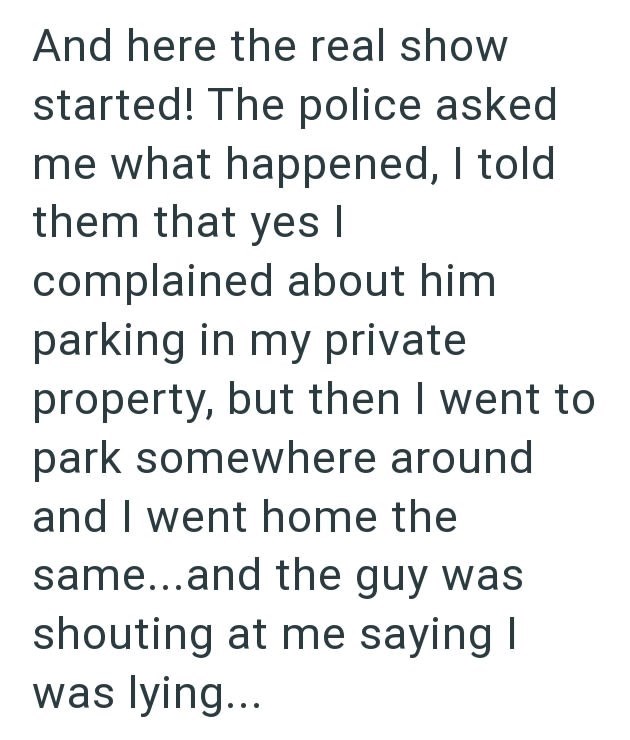 And here the real show started! The police asked me what happened, I told them that yes I complained about him parking in my private property, but then I went to park somewhere around and I went home the same...and the guy was shouting at me saying I was lying...