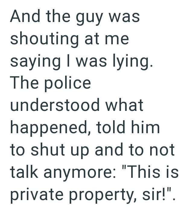 And the guy was shouting at me saying I was lying. The police understood what happened, told him to shut up and to not talk anymore: "This is private property, sir!".