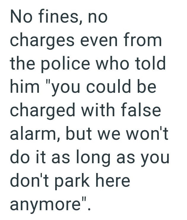 No fines, no charges even from the police who told him "you could be charged with false alarm, but we won't do it as long as you don't park here anymore".