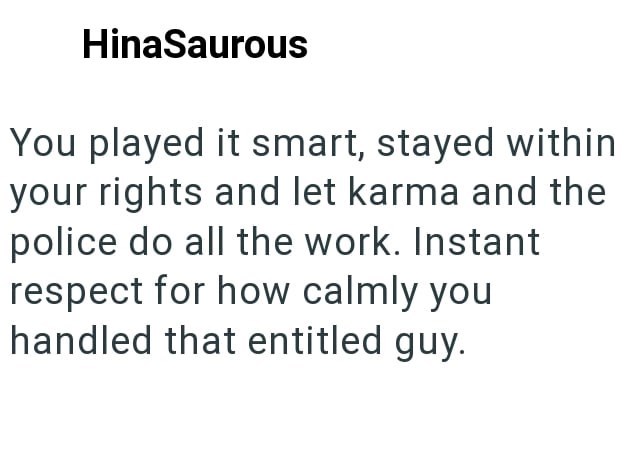 HinaSaurous You played it smart, stayed within your rights and let karma and the police do all the work. Instant respect for how calmly you handled that entitled guy.