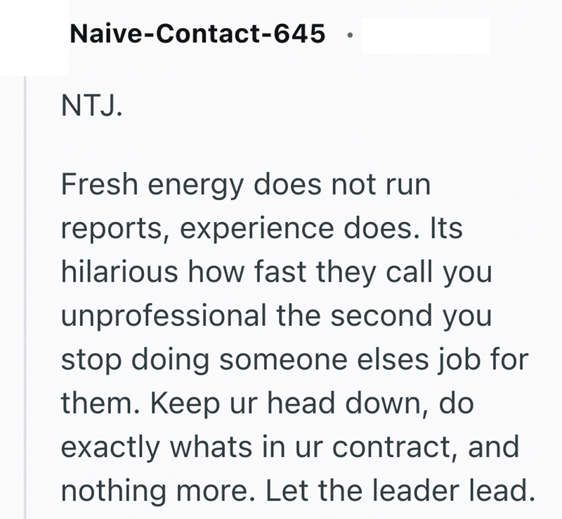 Naive-Contact-645. NTJ. Fresh energy does not run reports, experience does. Its hilarious how fast they call you unprofessional the second you stop doing someone elses job for them. Keep ur head down, do exactly whats in ur contract, and nothing more. Let the leader lead.