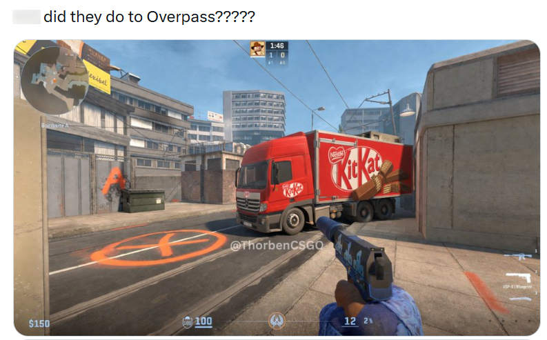 did they do to Overpass????? Bombsite A lexibel $150 100 1:46 10 O @ThorbenCSGO Nole 12 21