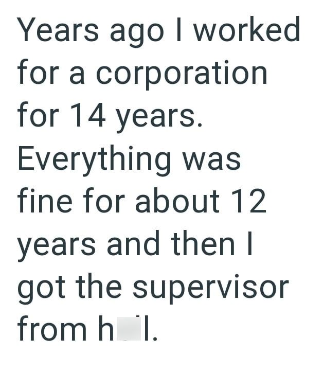 Years ago I worked for a corporation for 14 years. Everything was fine for about 12 years and then I got the supervisor from hol.