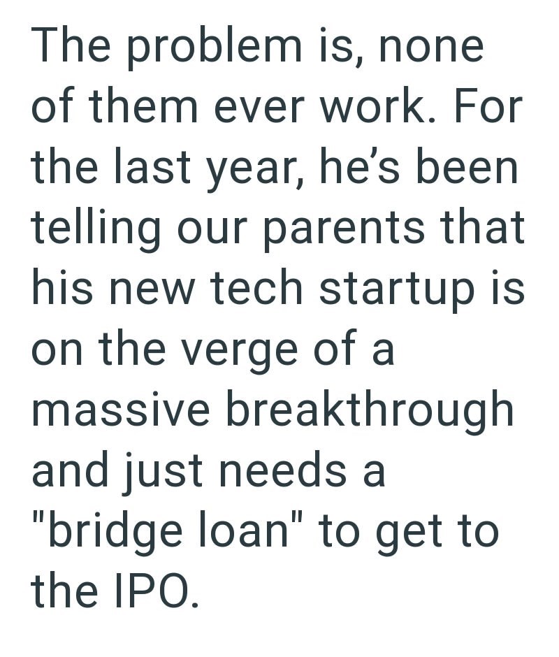 The problem is, none of them ever work. For the last year, he's been telling our parents that his new tech startup is on the verge of a massive breakthrough and just needs a "bridge loan" to get to the IPO.
