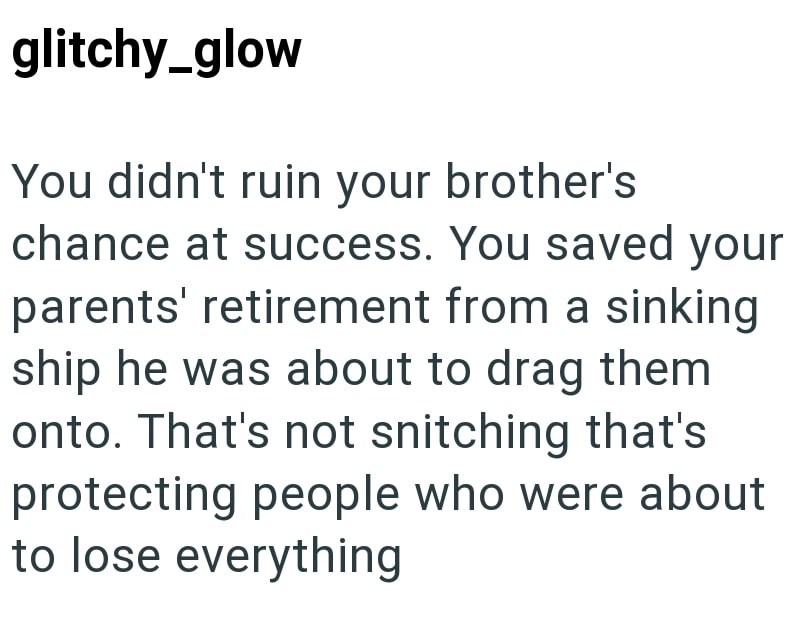 glitchy_glow You didn't ruin your brother's chance at success. You saved your parents' retirement from a sinking ship he was about to drag them onto. That's not snitching that's protecting people who were about to lose everything