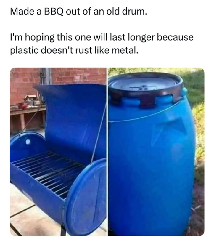 Made a BBQ out of an old drum. I'm hoping this one will last longer because plastic doesn't rust like metal.