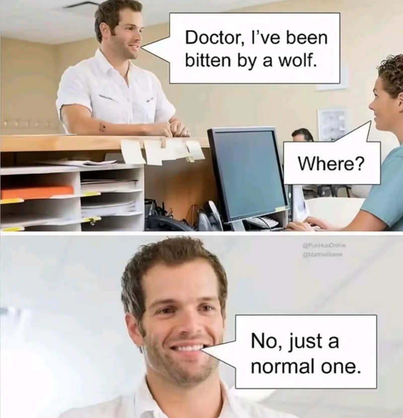 Doctor, I've been bitten by a wolf. Where? @PunHubOolon Mathwiliams No, just a normal one.