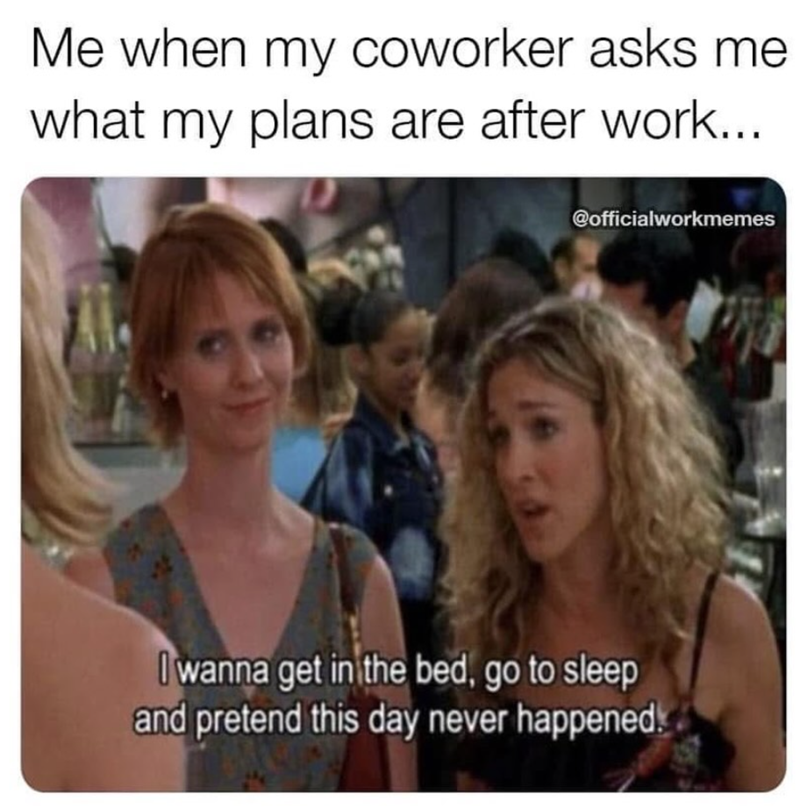 Me when my coworker asks me what my plans are after work... @officialworkmemes I wanna get in the bed, go to sleep and pretend this day never happened.