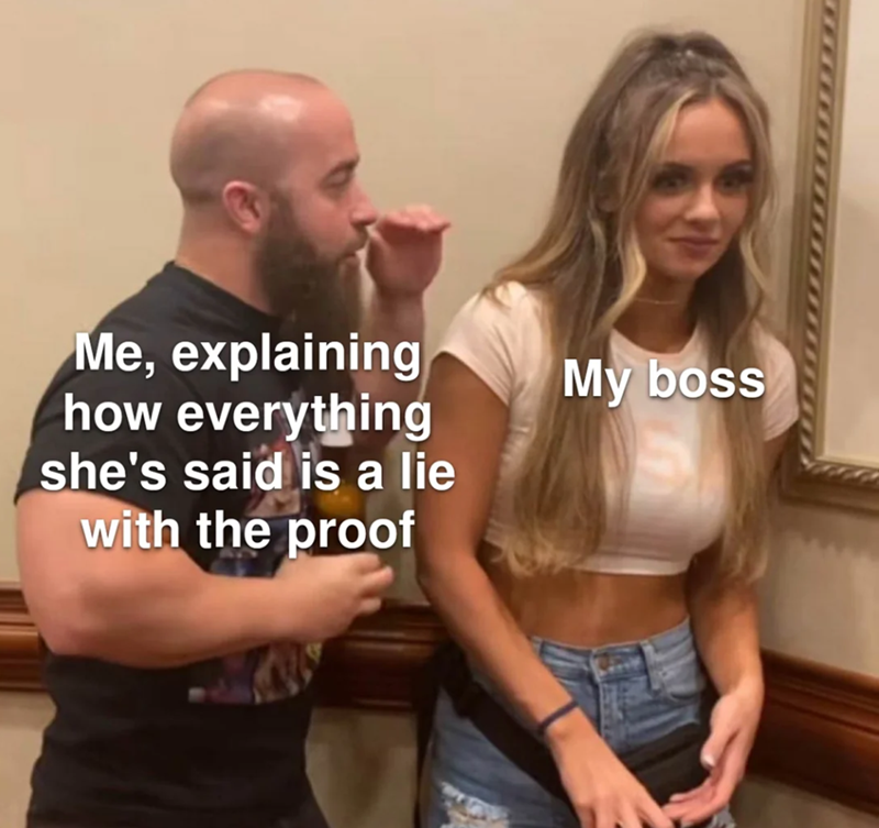 Me, explaining how everything she's said is a lie with the proof My boss