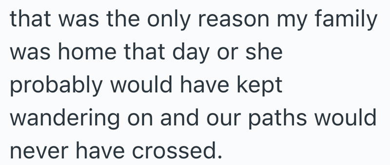 that was the only reason my family was home that day or she probably would have kept wandering on and our paths would never have crossed.