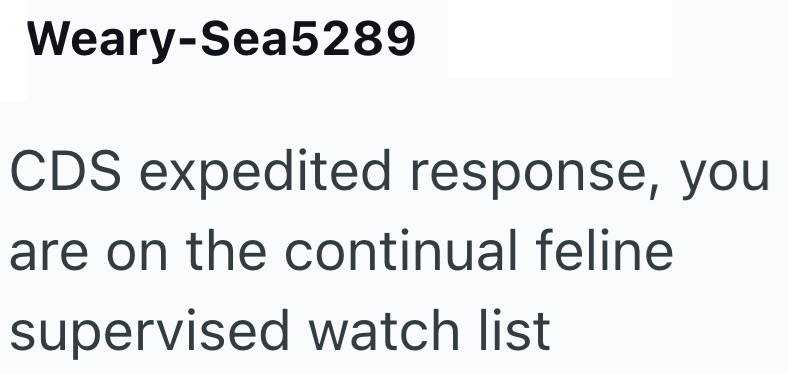 Weary-Sea5289 CDS expedited response, you are on the continual feline supervised watch list