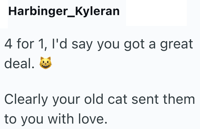 Harbinger_Kyleran 4 for 1, I'd say you got a great deal. Clearly your old cat sent them to you with love.