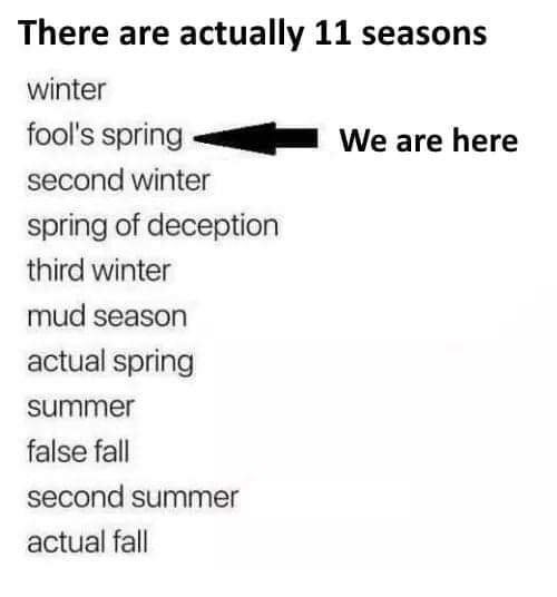 There are actually 11 seasons winter fool's spring second winter spring of deception third winter mud season actual spring summer false fall second summer actual fall We are here