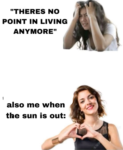 "THERES NO POINT IN LIVING ANYMORE" also me when the sun is out: 123