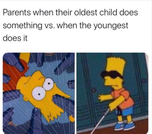 Parents when their oldest child does something vs. when the youngest does it