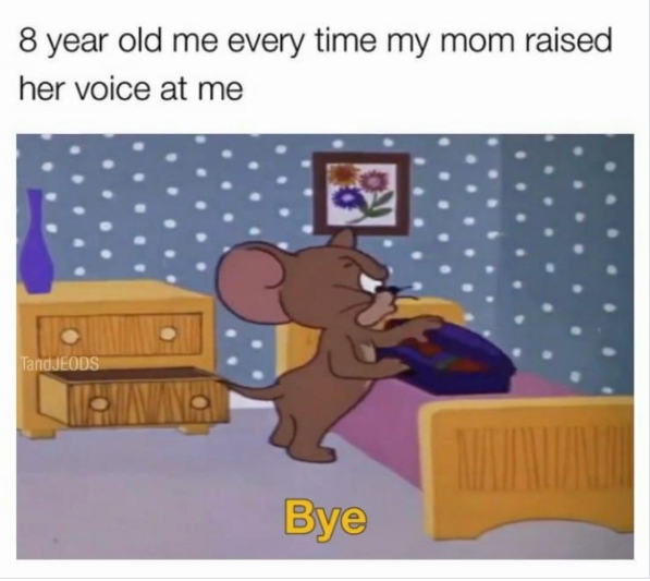 8 year old me every time my mom raised her voice at me TandJEODS Bye
