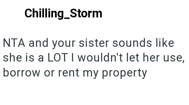 Chilling_Storm NTA and your sister sounds like she is a LOT I wouldn't let her use, borrow or rent my property