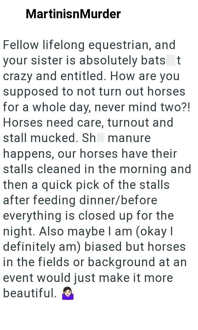 MartinisnMurder Fellow lifelong equestrian, and your sister is absolutely bats t crazy and entitled. How are you supposed to not turn out horses for a whole day, never mind two?! Horses need care, turnout and stall mucked. Sh manure happens, our horses have their stalls cleaned in the morning and then a quick pick of the stalls after feeding dinner/before everything is closed up for the night. Also maybe I am (okay I definitely am) biased but horses in the fields or background at an event would