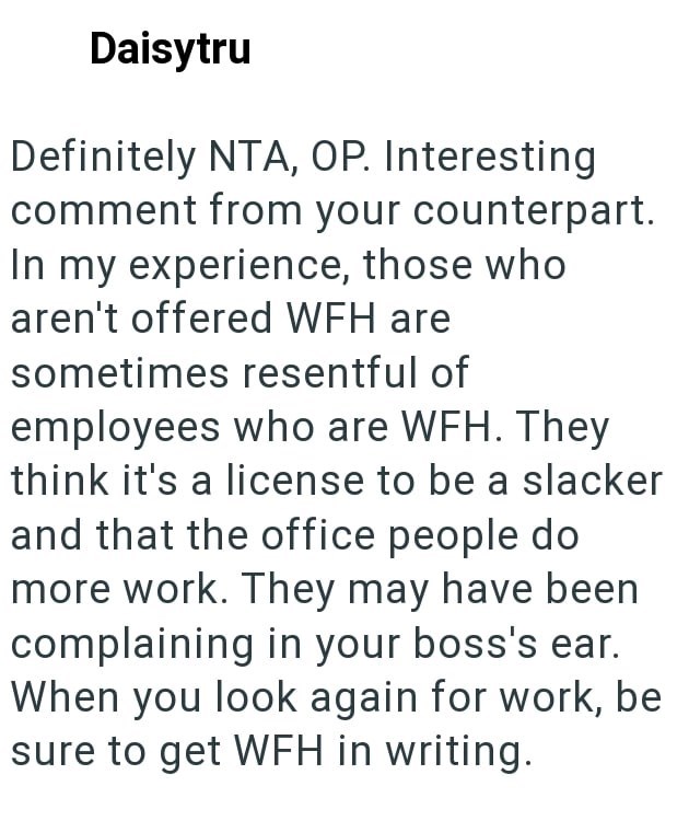 Daisytru Definitely NTA, OP. Interesting comment from your counterpart. In my experience, those who aren't offered WFH are sometimes resentful of employees who are WFH. They think it's a license to be a slacker and that the office people do more work. They may have been complaining in your boss's ear. When you look again for work, be sure to get WFH in writing.