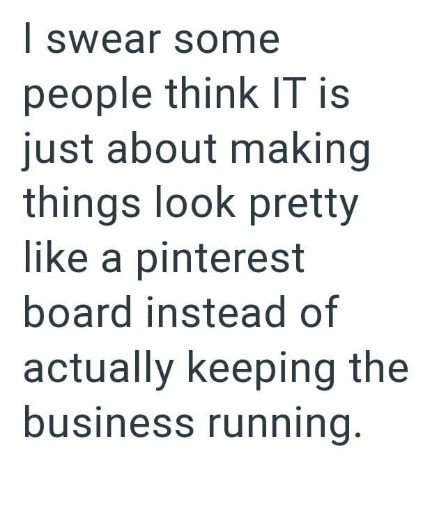 I swear some people think IT is just about making things look pretty like a pinterest board instead of actually keeping the business running.