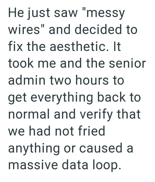He just saw "messy wires" and decided to fix the aesthetic. It took me and the senior admin two hours to get everything back to normal and verify that we had not fried anything or caused a massive data loop.