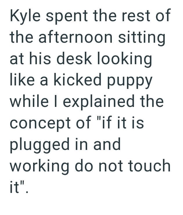 Kyle spent the rest of the afternoon sitting at his desk looking like a kicked puppy while I explained the concept of "if it is plugged in and working do not touch it".