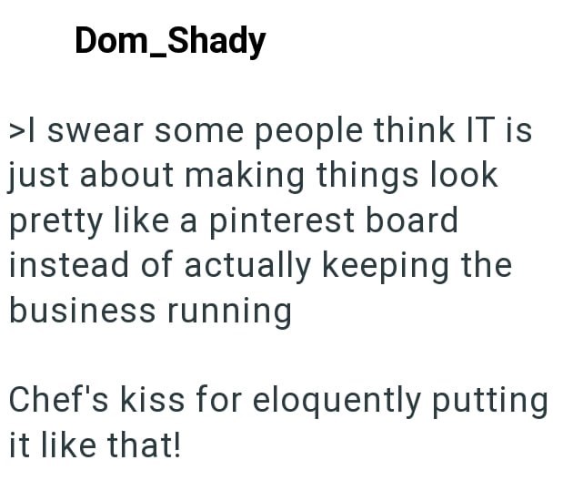 Dom_Shady >I swear some people think IT is just about making things look pretty like a pinterest board instead of actually keeping the business running Chef's kiss for eloquently putting it like that!
