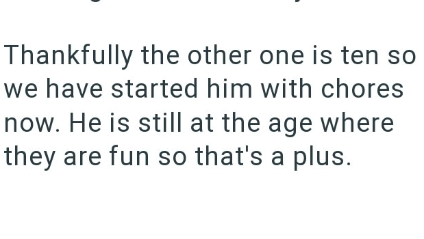 Thankfully the other one is ten so we have started him with chores now. He is still at the age where they are fun so that's a plus.