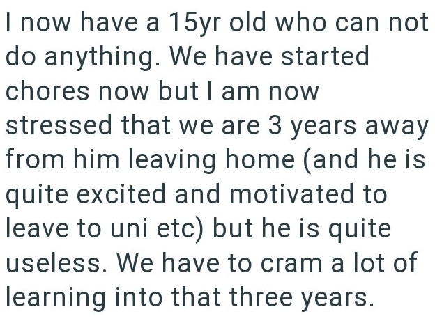 I now have a 15yr old who can not do anything. We have started chores now but I am now stressed that we are 3 years away from him leaving home (and he is quite excited and motivated to leave to uni etc) but he is quite useless. We have to cram a lot of learning into that three years.